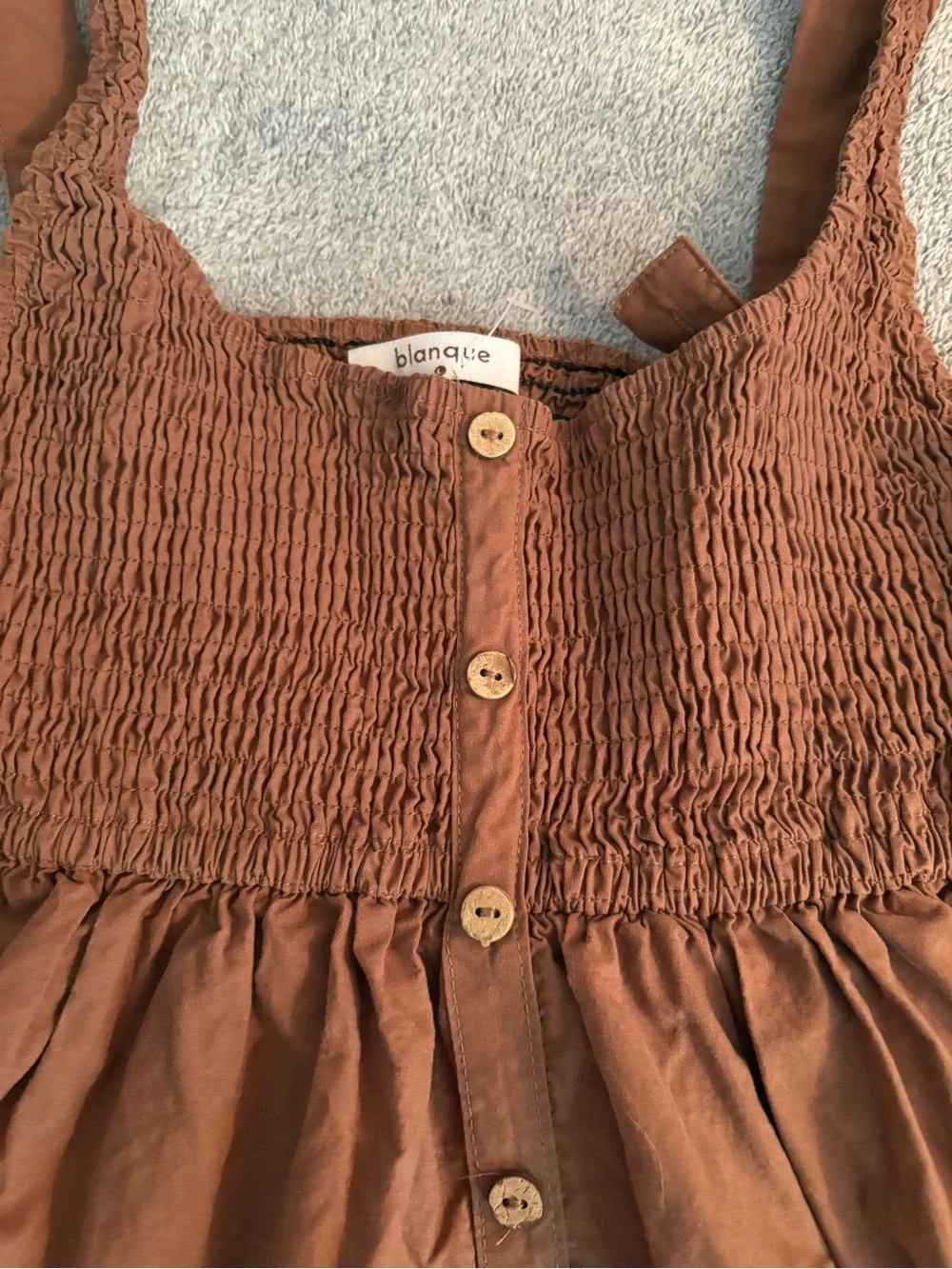 Blanque Brown Smocked Peplum Cami Large 100% Cotton Buttons Feminine